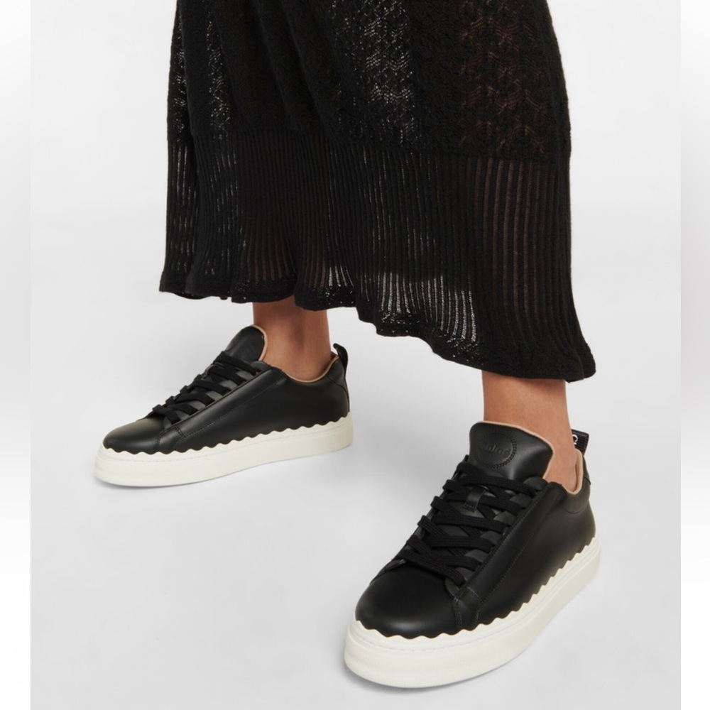 Chloé Black Leather Scalloped-Edge Platform Sneakers with White Sole
